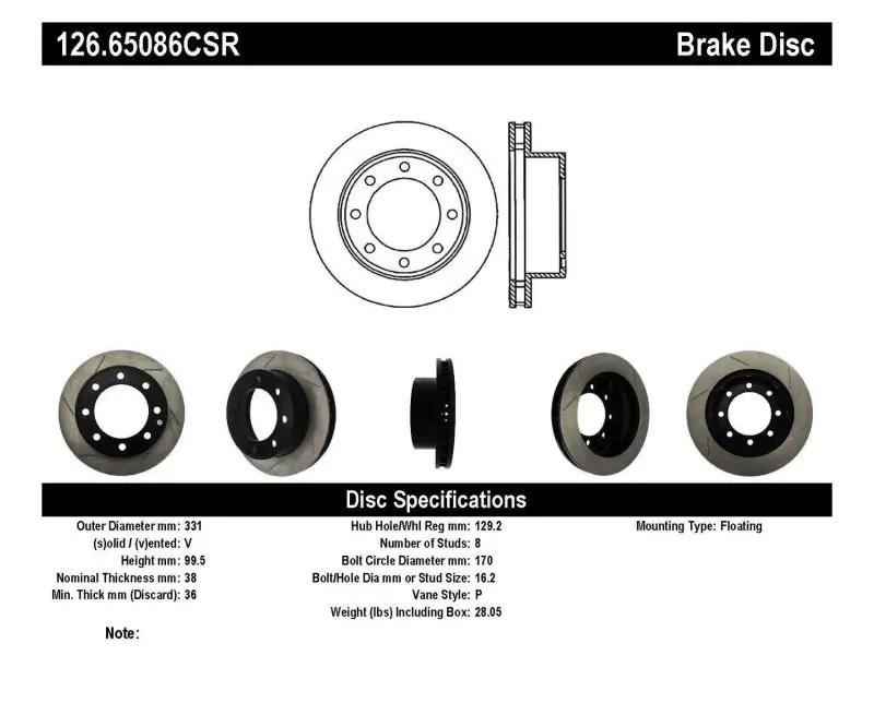 Stoptech Power Slot 00-05 Ford Excursion / 99-04 F250/F350 Front Right Slotted Cryo Brake Rotor 1