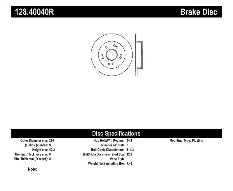 Stoptech 06-07 Acura Csx (Canada) / 06-09 Honda Civic / 97-01 Prelude Drilled Right Rear Rotor 1
