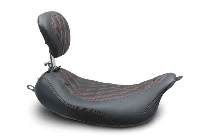 Mustang 08-21 Harley Wide Tripper Fl Touring Pass Seat W/ Dr Backrest, Red Diamond Stitch - Black 1