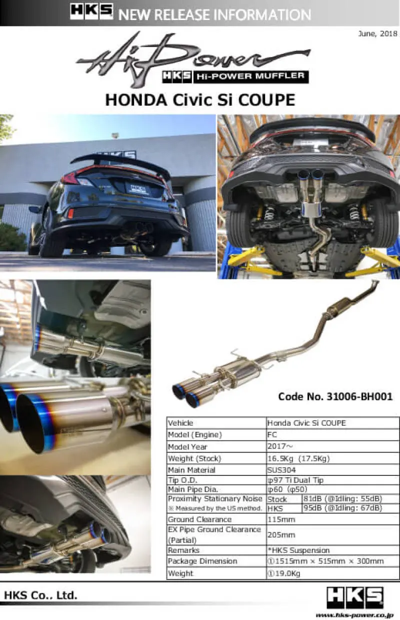 Hks Hi-Power Muffler For Honda Civic Si Coupe (Fc3) 2