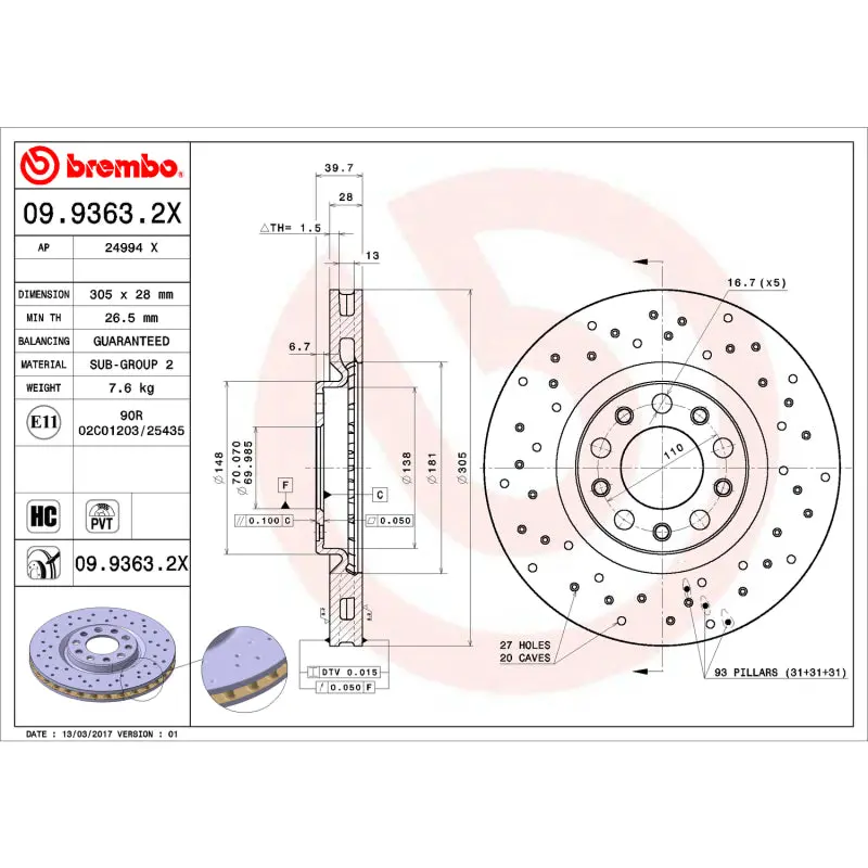 Brembo Oe 16-17 Chrysler 200/13-16 Dodge Dart Friction Brake Disc 1