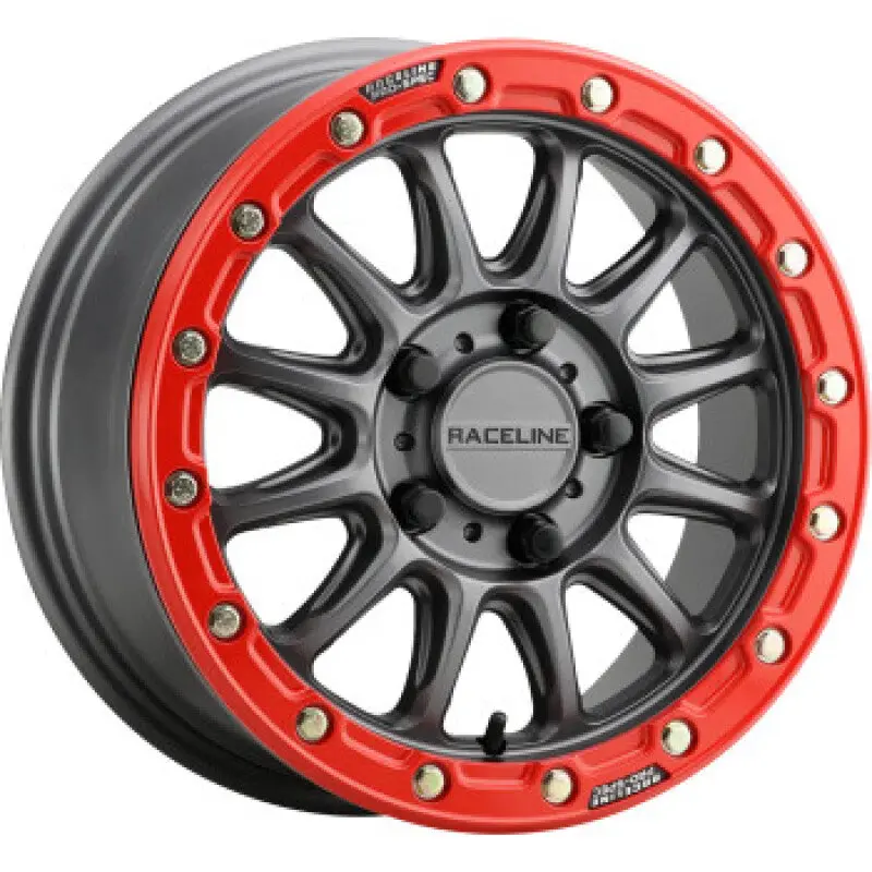 Raceline A14gr Alpha 15X7in/4X156 Bp/10Mm Offset/132.5Mm Bore - Gunmetal & Red Ring Beadlock Wheel 1