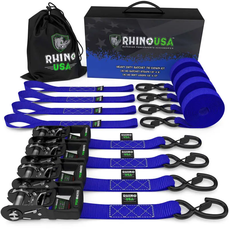 Rhino Usa Heavy Duty Ratchet Tie-Down 4-Pack (Blue) 1.6In X 8Ft 1