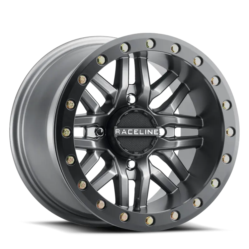 Raceline A91g Ryno 14X7in/4X156 Bp/10Mm Offset/132.5Mm Bore - Gunmetal & Black Ring Beadlock Wheel 1